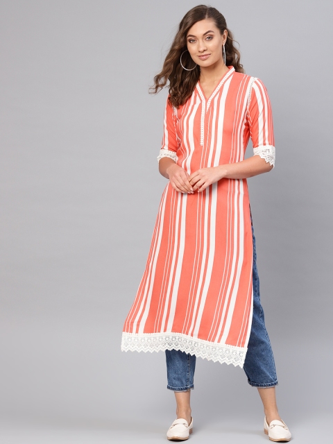

Libas Women Pink & White Striped Straight Kurta