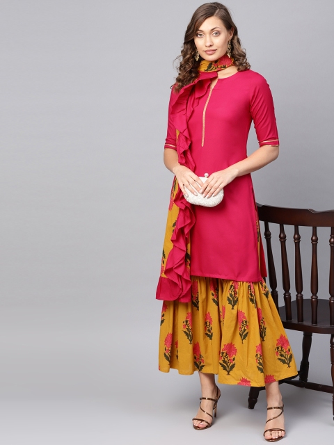 

Libas Women Mustard Yellow & Pink Solid Kurta with Sharara & Stole