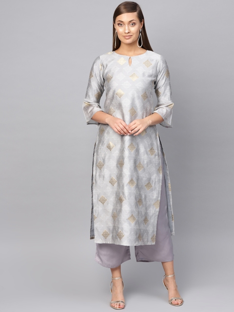 

Libas Women Grey & Golden Woven Design Kurta with Palazzos