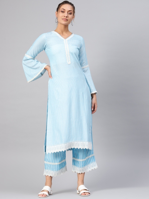 

Libas Women Blue & White Striped Kurta with Palazzos