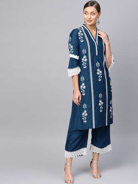 

Libas Women Teal Blue Embroidered Kurta with Palazzos