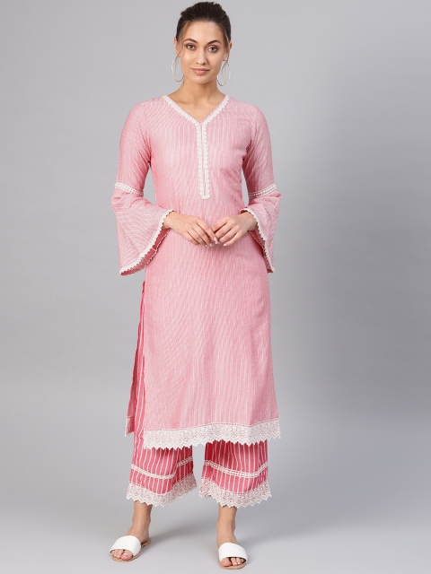 

Libas Women Pink & Off-White Striped Kurta with Palazzos