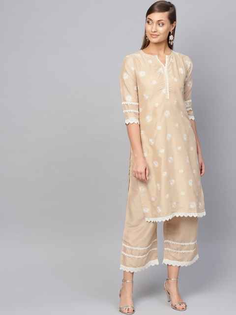 

Libas Women Beige Embroidered Kurta with Palazzos