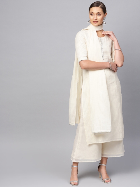 

Libas Women Cream-Coloured Self-Striped Kurta with Palazzos & Dupatta