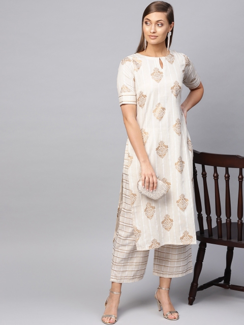

Libas Women Off-White & Golden Block Print Kurta with Palazzos