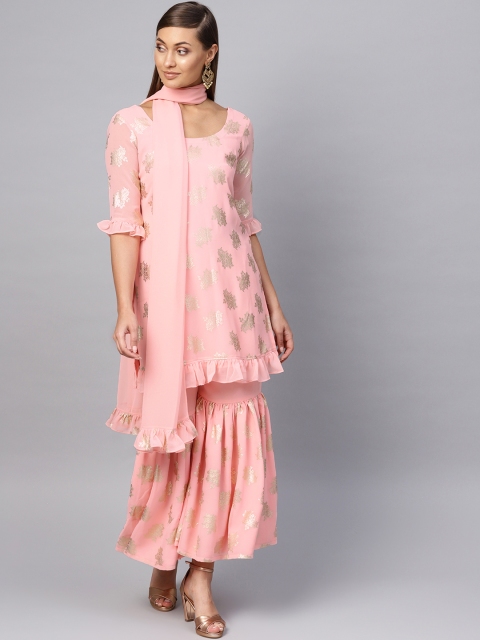 

Libas Women Pink & Golden Block Print Kurta with Sharara & Dupatta