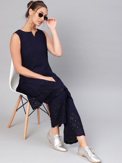 

Libas Women Navy Blue Solid Kurta with Palazzos