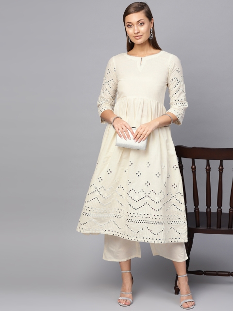 

Libas Women Off-White Mirror Work Kurta with Palazzos