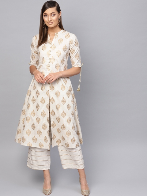 

Libas Women White & Golden Block Print Kurta with Palazzos