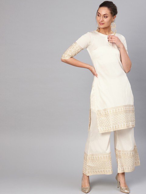 

Libas Women Cream-Coloured Embroidered Kurta with Palazzos