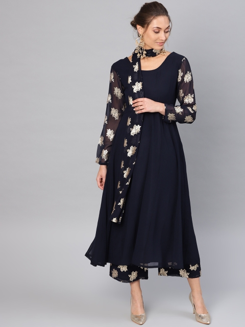 

Libas Women Navy Block Print Kurta with Palazzos & Dupatta, Navy blue