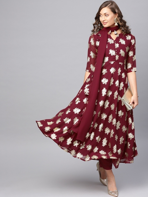 

Libas Women Maroon & Golden Block Print Kurta with Trousers & Stole