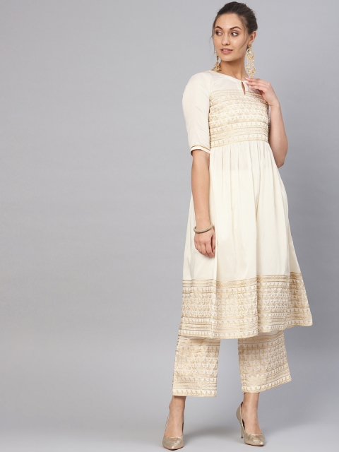 

Libas Women Cream-Coloured Embroidered Kurta with Palazzos