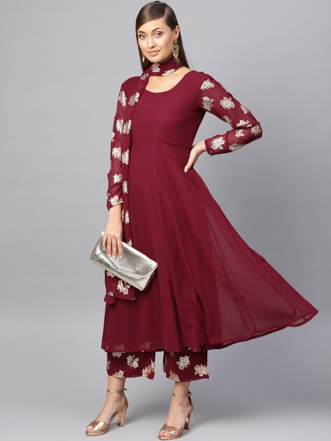 

Libas Women Maroon & Golden Block Print Kurta with Palazzos & Dupatta