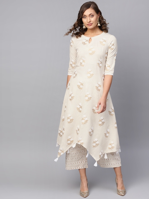 

Libas Women Beige & Golden Block Print Kurta with Palazzos