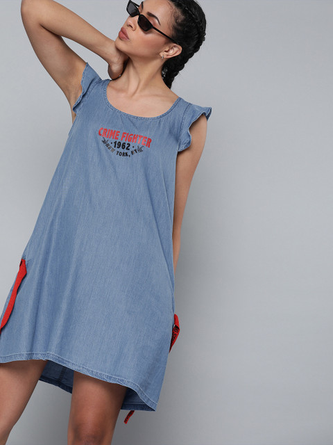 

Kook N Keech Marvel Women Blue Denim A-Line Dress With Printed Detailing