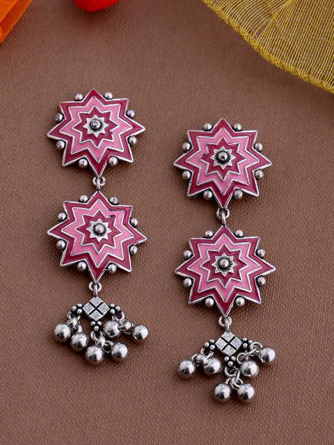 

Studio Voylla Silver-Plated & Pink Oxidised Classic Drop Earrings
