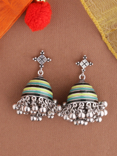 

Studio Voylla Silver-Plated & Green Classic Oxidised Jhumkas