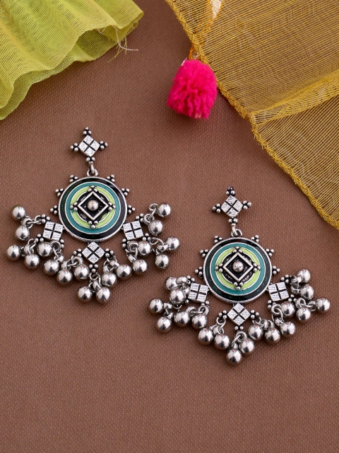 

Studio Voylla Silver-Toned & Lime Green Lehariya Drop Earrings