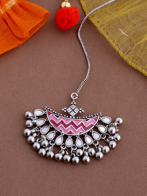 

Studio Voylla Women Oxidized Silver-Plated & Pink Enameled & Mirrored Maang Tikka