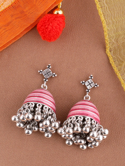 

Studio Voylla Silver-Plated & Pink Classic Jhumkas