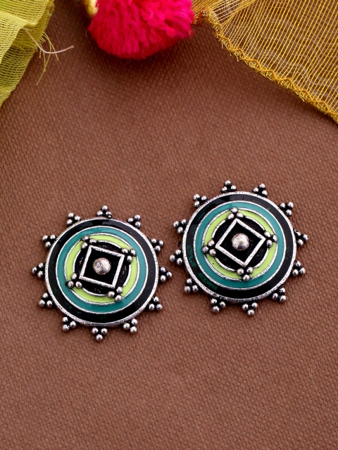 

Studio Voylla Silver-Toned & Lime Green Lehariya Oversized Studs