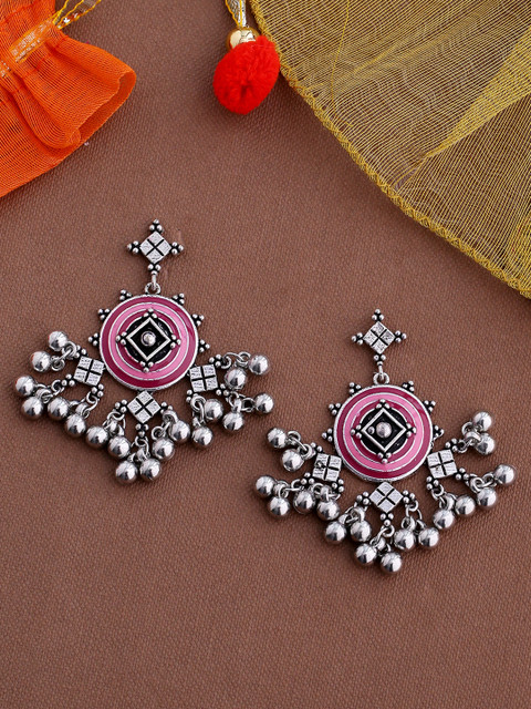 

Studio Voylla Silver-Toned & Pink Geometric Lehariya Drop Earrings