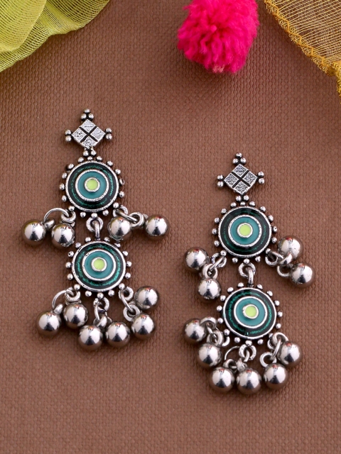 

Studio Voylla Silver-Toned & Lime Green Lehariya Drop Earrings