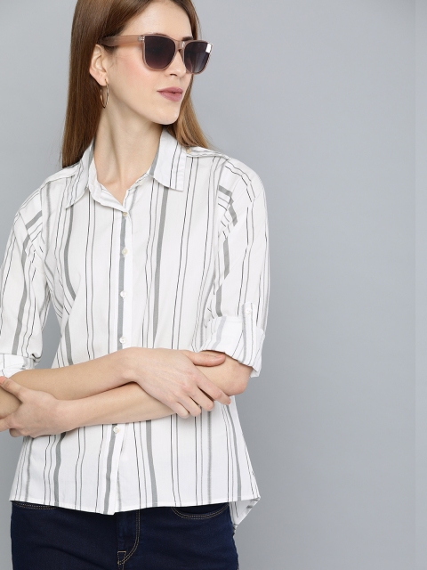 

HERE&NOW Women White & Grey Regular Fit Striped Formal Shirt