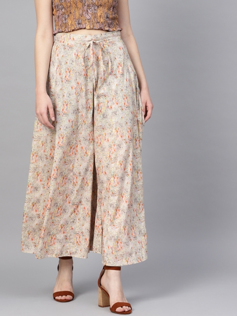

I AM FOR YOU Women Beige & Orange Printed Flared Palazzos