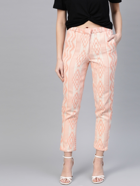 

I AM FOR YOU Women Peach-Coloured & White Tailored Fit Jacquard Cropped Trousers