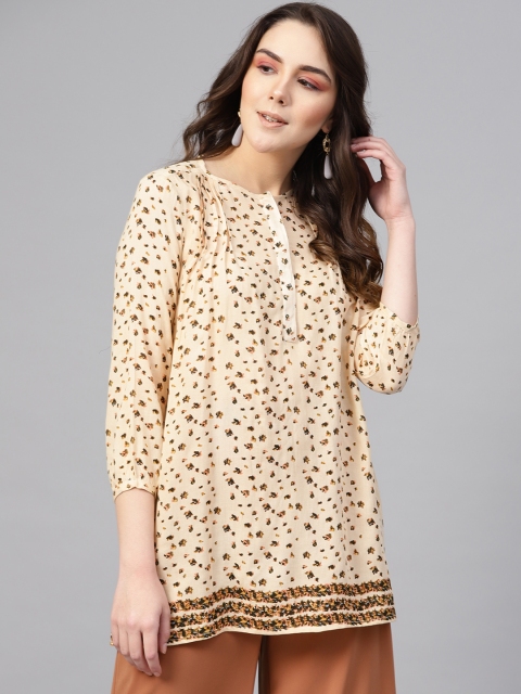

I AM FOR YOU Women Cream-Coloured & Green Printed Regular Top