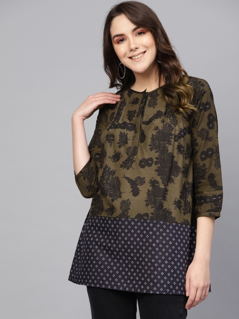 

I AM FOR YOU Women Olive Green & Black Printed Regular Top
