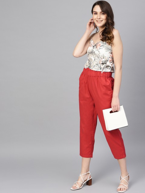 

I AM FOR YOU Women Red Tailored Regular Fit Solid Cropped Trousers