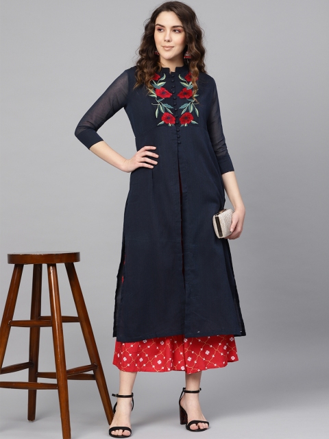 

I AM FOR YOU Women Navy Blue Yoke Design A-Line Kurta