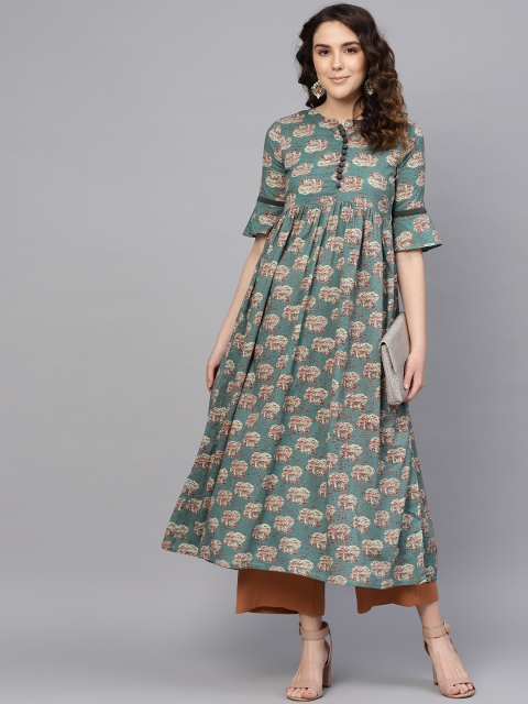 

I AM FOR YOU Women Green & Brown Quirky Printed A-Line Kurta
