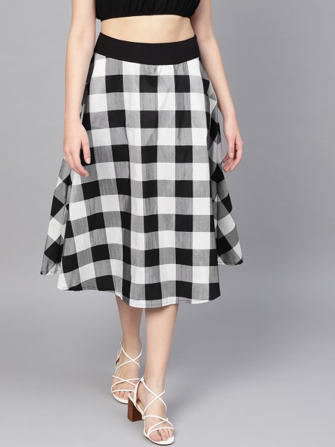 

I AM FOR YOU Women Black & White Checked Flared Skirt