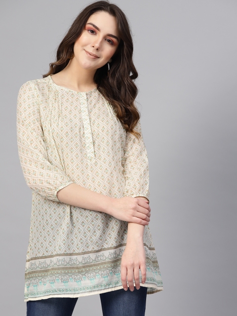 

I AM FOR YOU Women Cream-Coloured & Green Semi-Sheer Printed Regular Top