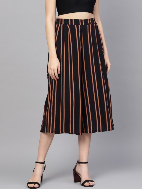 

I AM FOR YOU Women Black & Orange Regular Fit Striped Culottes