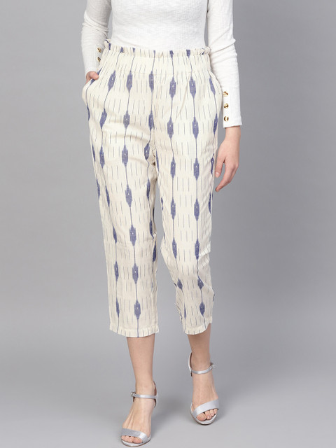 

I AM FOR YOU Women Off-White & Blue Tailored Regular Fit Self Design Cropped Trousers