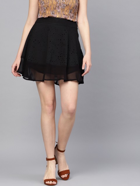 

I AM FOR YOU Women Black Cut-Out Detail Solid Flared Skirt