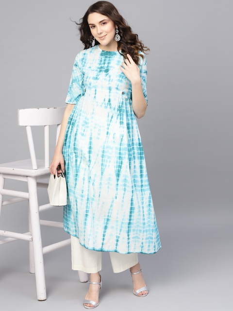 

I AM FOR YOU Women Blue & Off-White Dyed A-Line Kurta