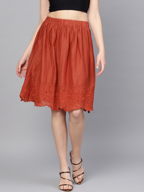 

I AM FOR YOU Women Rust Red Solid Flared Skirt