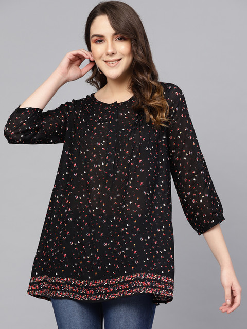 

I AM FOR YOU Women Black & Pink Printed Regular Top