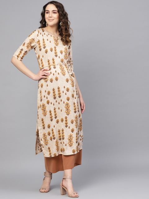 

I AM FOR YOU Women Beige & Brown Printed Straight Kurta