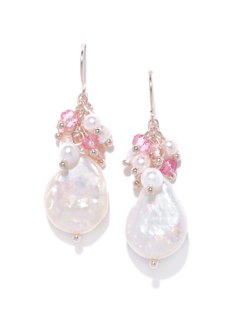 

Forever New White & Pink Fresh Water Pearls & Beaded Teardrop Shaped Drop Earrings