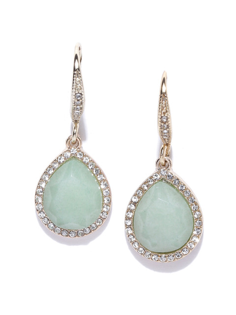 

Forever New Green & Gold-Toned Stone Studded Teardrop Shaped Drop Earrings