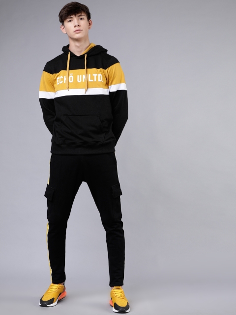 

Ecko Unltd Men Black & Mustard Colourblocked Hooded Sweatshirt
