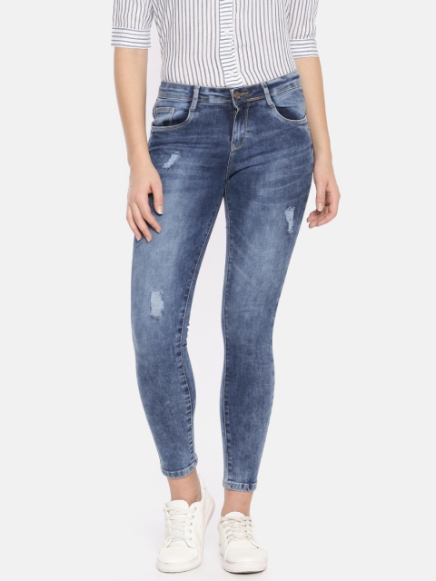 

AND Women Blue Super Skinny Fit Mid-Rise Mildly Distressed Stretchable Cropped Jeans