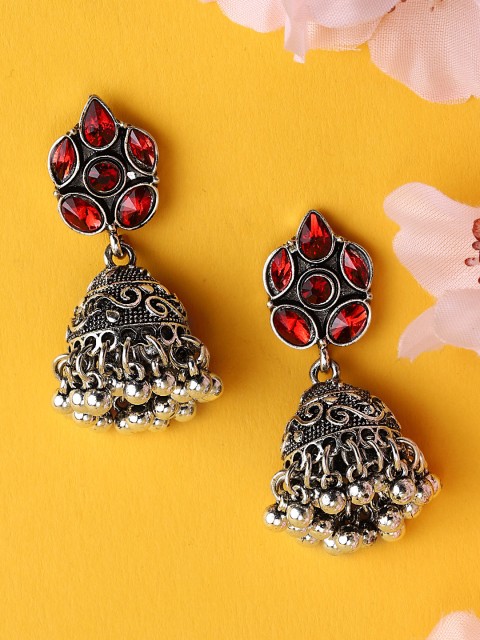

Rubans Silver-Toned & Maroon Oxidised Dome Shaped Jhumkas